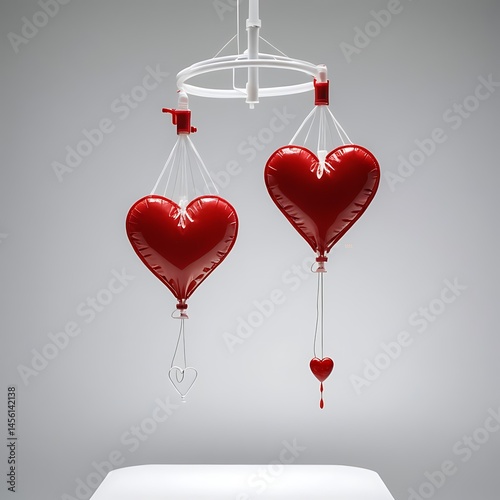 Abstract heart shapes suspended from a structure evoking medical apparatus