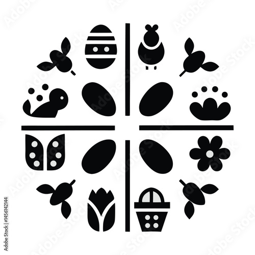 Black Easter Icons Set Bunny, Egg, Cross, Basket & Spring Elements
