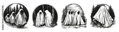 Mysterious Figures in White Mantles in Ethereal Forest Setting