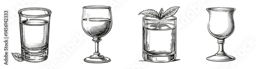 Hand-Drawn Illustrations of Various Drinking Glasses and Beverages, Logo Design, Hand drawing Engraving, Vector Illustration Isolated Object