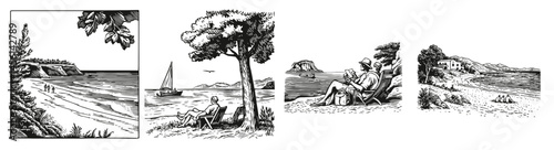 Scenic Beach Illustrations with Relaxing Vacation Vibes and Nature, Logo Design, Hand drawing Engraving, Vector Illustration Isolated Object