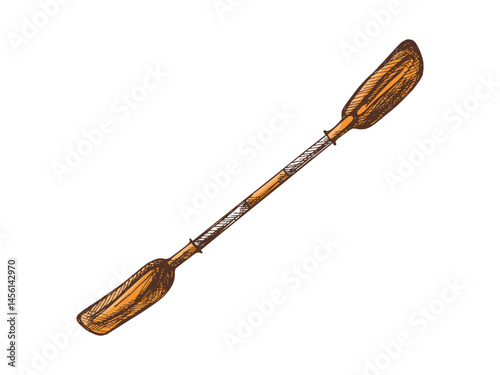 Hand drawn vintage colored sketch of kayak double blade paddle for rafting, canoeing and outdoor water adventures