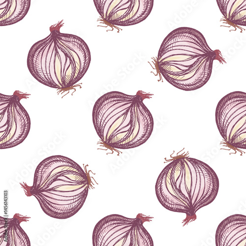 Hand drawn vintage colored sketch seamless pattern of sliced onion bulbs
