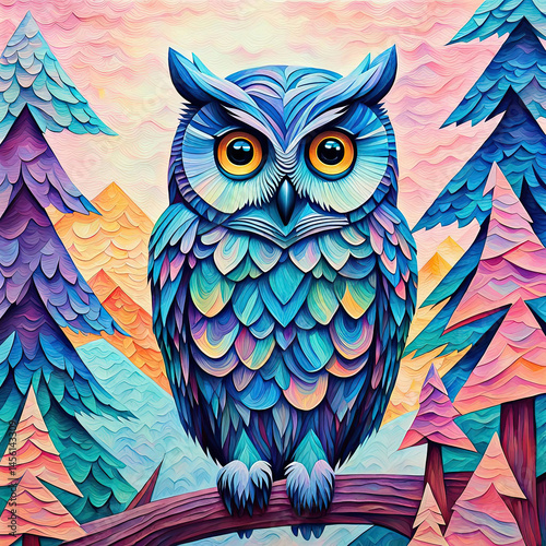 An imaginary pretty big-eyes owl in a pastel-colored  geometric mountain forest pattern