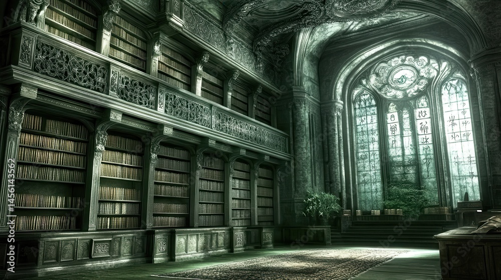 Fototapeta premium Enigmatic library interior showcasing ancient tomes amidst gothic architecture and lush forest backdrop creating a timeless atmospheric scene