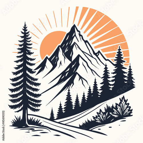 Adventure Mountain Silhouette with Pine Trees and Rising Sun Clean Vector T-Shirt Design