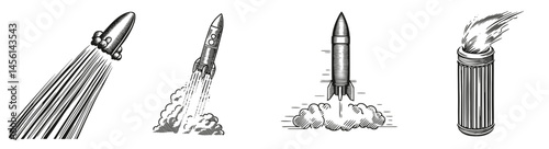 Vintage Rocket Illustrations with Flames and Trail Effects, Logo Design, Hand drawing Engraving, Vector Illustration Isolated Object
