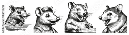 Vintage Style Illustrations of Cute Cartoon Mice Characters, Logo Design, Hand drawing Engraving, Vector Illustration Isolated Object