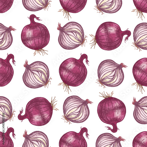 Colored seamless pattern with hand drawn onions in vintage engraved sketch style