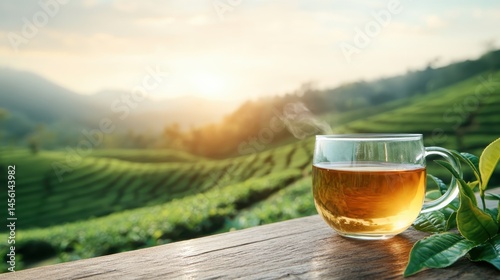 A steaming cup of green tea sits beautifully on a wooden table, with a breathtaking view of undulating hills in the background, signifying warmth, comfort, and nature's harmony. photo