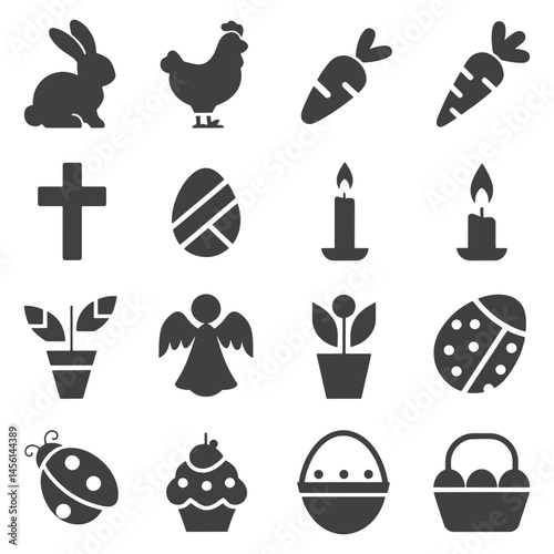 Black Easter Icons Set Bunny, Egg, Cross, Basket & Spring Elements