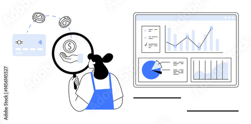 Woman inspecting coins and dollar icons with a magnifying glass next to a detailed dashboard of charts and graphs. Ideal for data analysis, finance, research, business, marketing, auditing