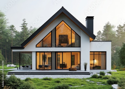 Modern house, forest setting, evening light, spacious interior, home design photo