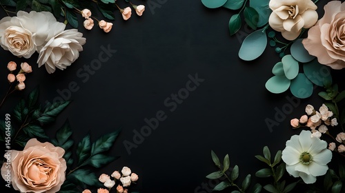 Floral arrangement border on a dark background.