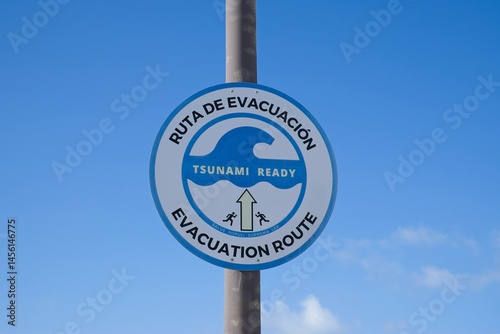Multilingual tsunami warning sign marking safe evacuation path, guiding coastal residents toward high ground during emergency situations