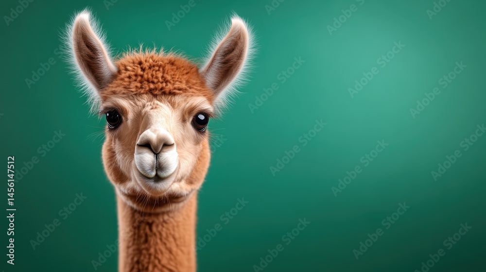 Obraz premium A delightful portrait of a cute alpaca set against a vibrant green backdrop, highlighting its endearing features and the joy of wildlife in tranquil surroundings.