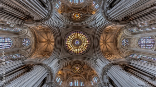 Ornate cathedral ceiling with symmetrical patterns and golden details evoking history spirituality and architectural magnificence