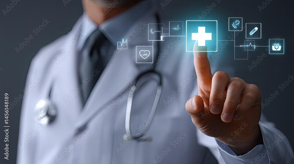 Healthcare Professional Interacts With Digital Health Icons in Modern Clinical Setting During Evening Hours Generative AI Healthcare Professional Interacts With Digital Health Icons in Modern Clinical Setting During Evening Hours Generative AI