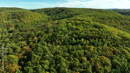 Drone shot - a thick forest covers a hilly landscape on a sunny day