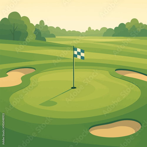 Golf Course Green with Flag and Sand Traps Landscape View