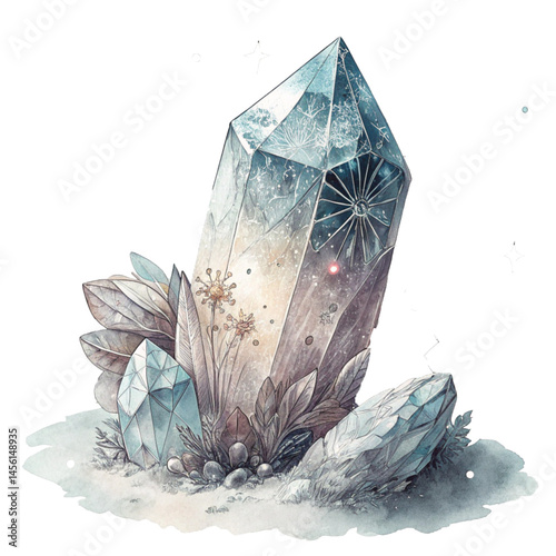 Elegant quartz crystal surrounded by pastel leaves radiating energy purity balance and mystical spiritual transformation
