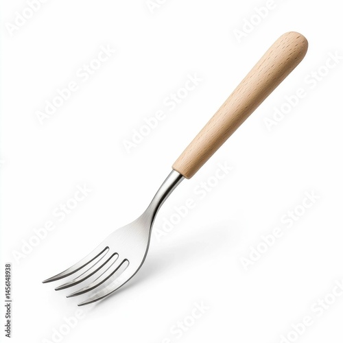 Detailed image of a garden fork with sharp metal prongs and a sturdy wooden handle isolated on a clean white background  This gardening tool is perfect for digging cultivating