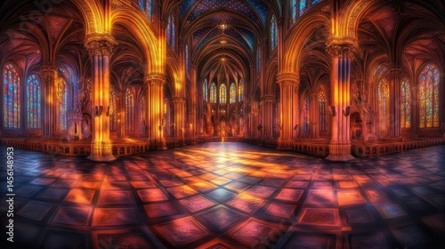 Interior of illuminated cathedral with vivid stained glass and arched architecture creating a spiritual and historical ambiance