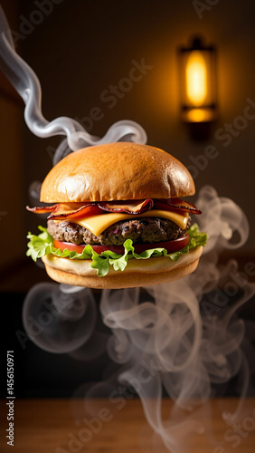 A photograph of a juicy, gourmet cheeseburger with crispy bacon, melted cheese, and fresh lettuce, suspended in mid-air by a silver spatula, surrounded by wisps of smoke, with warm lighting.