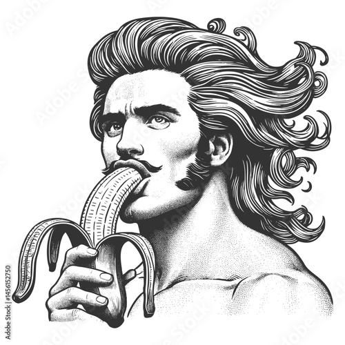 Humorous black and white drawing of a vintage strongman with flowing hair and mustache sensually eating a peeled banana sketch engraving generative ai vector illustration. Black and white.