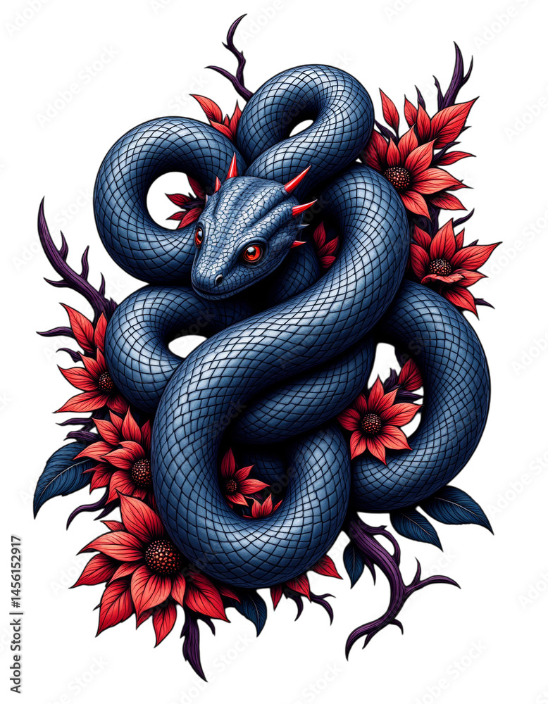 Obraz premium Blue Snake with Red Flowers, Transparent Background