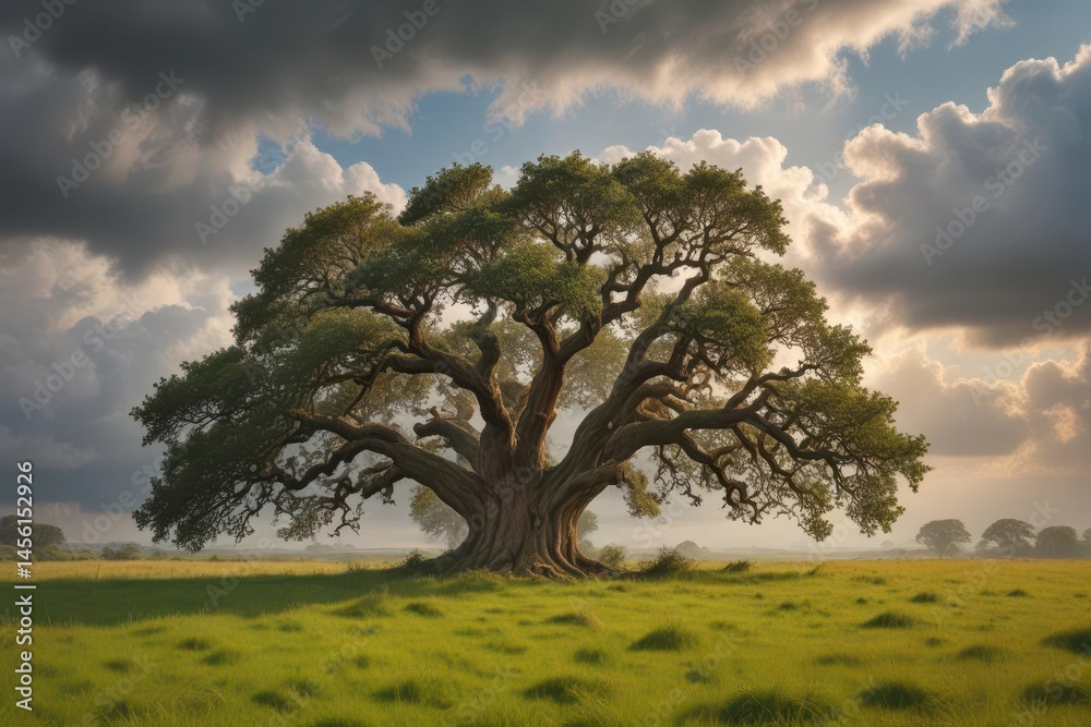 Obraz premium Ancient oak dominates grassy field, imposing cloud looms, texture, grey