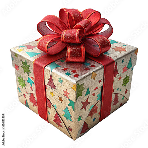 Red ribbon gift box with floral wrapping representing festive celebration charm and traditional decorative style