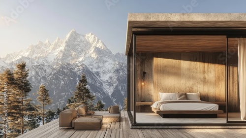 Minimalist Bedroom, Panoramic Mountain View, Wooden Deck, Cozy Bed, Perfect Relaxation Spot