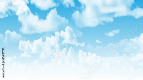 Summer blue sky and white clouds background. Beautiful clear cloudy in calm sunlight spring season. Horizontal view blue sky image. Vector illustration.