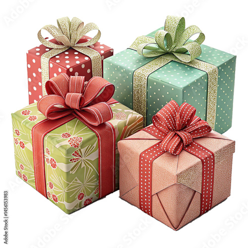 Three stacked gift boxes in vintage colors with festive wrapping and decorative ribbons for special occasions