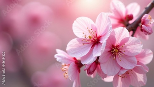 Delicate pink cherry blossoms, full bloom, soft petals , cherry, tree