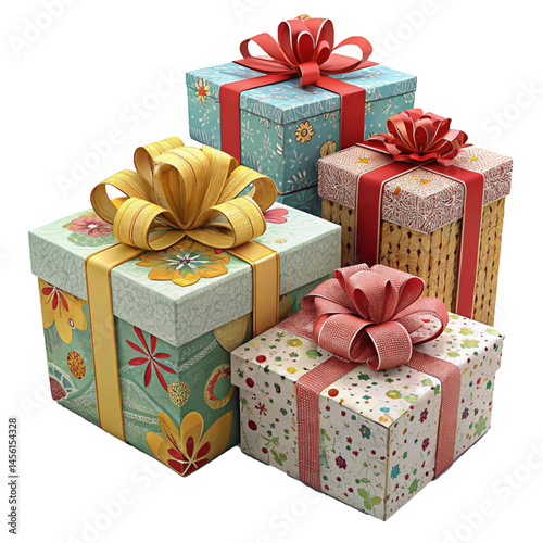 Pile of four gift boxes with golden ribbons in soft festive colors representing celebration and gift giving tradition