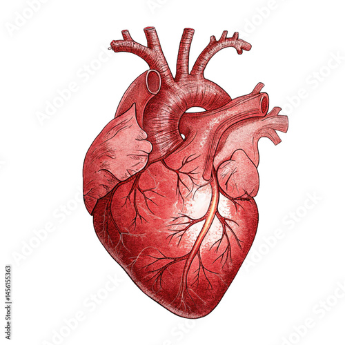 Anatomical heart illustration glowing with vibrant red tones symbolizing emotion health and inner strength beautifully