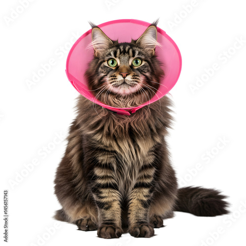 Maine Coon Cat Wearing Pink Elizabethan Collar for Pet Recovery on transparent background