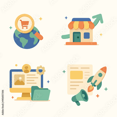 Online Business and Marketing Icons Showcasing Digital Growth and Promotion