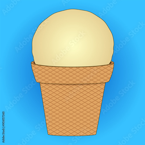 Summer vector illustration of refreshing appetizing vanilla ice cream in waffle cup on blue gradient background. Ideal for summertime, food, dessert designs, or National Ice Cream Day celebrations.
