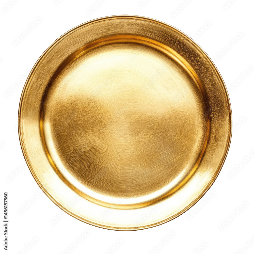 Top View of Elegant Golden Plate Isolated on White Background Top View of Elegant Golden Plate Isolated on White Background