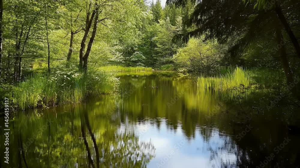 Sunlit River Flowing Through Lush Green Forest with Reflections of Trees and Sky Sunlit River Flowing Through Lush Green Forest with Reflections of Trees and Sky