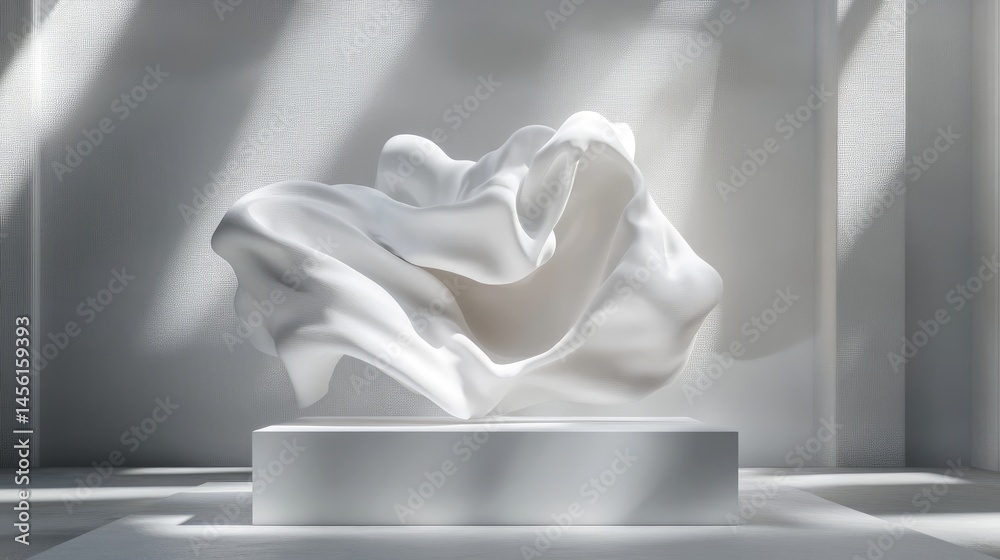 All-white abstract shapes forming a 3D podium, soft light for mockup presentation All-white abstract shapes forming a 3D podium, soft light for mockup presentation