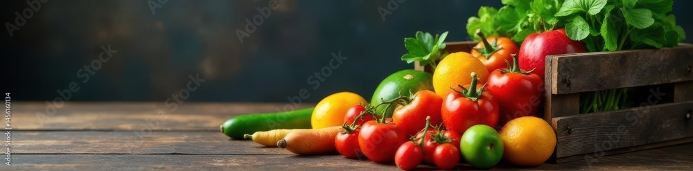 Dark wooden table, vibrant fruits & vegetables spilling from worn crate, still life, food, low key Dark wooden table, vibrant fruits & vegetables spilling from worn crate, still life, food, low key