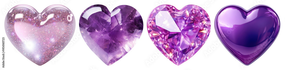 Fototapeta premium PNG Four glossy purple heart-shaped gems illustration transparent background.