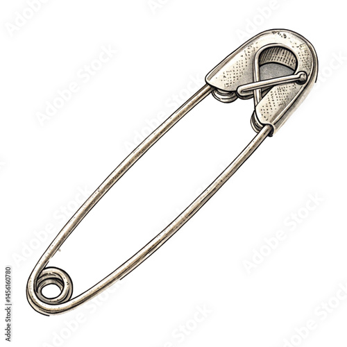 Safety pin in vintage style closed on white background representing security sewing tool and minimalist design