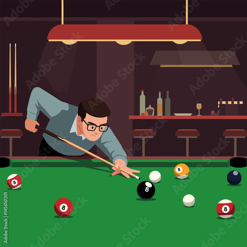 Man Aiming Cue at Billiard Ball on Table in Bar