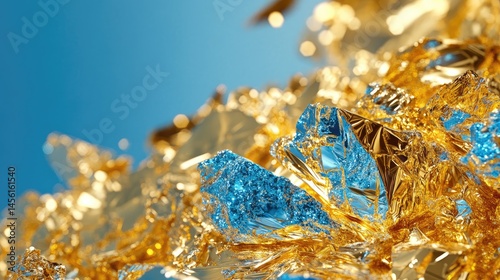 Abstract golden foil texture with shimmering blue fractal sparkles, festive holiday background