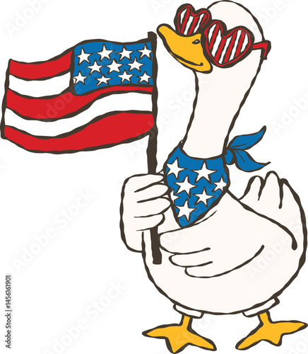 Cool patriotic goose in 4th of July Hand-drawn Cartoon, Retro goose on independence day 